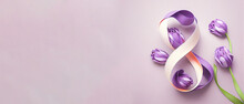 Number 8 With Violet Ribbon And Tulip Flowers On Light Background. International Women's Day Celebration. Wide Angle Format Banner