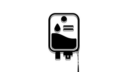 Sticker - Black IV bag icon isolated on white background. Blood bag. Donate blood concept. The concept of treatment and therapy, chemotherapy. 4K Video motion graphic animation