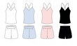© Iryna - A set of vector drawings of a silk top on thin straps crossed on the back and silk shorts. Outline template of women's silk pajamas. Sleepwear, home wear, leisure wear vector template.