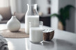 Vegan coconut milk on a white table. Generative AI