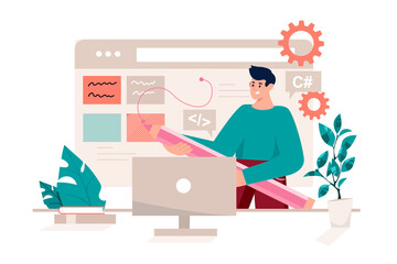 UI UX programming pink concept with people scene in the flat cartoon design. Designer edits site settings to complete work.