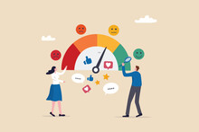 Sentiment Analysis On Customer Feedback, Brand Reputation Or Positive Review, Social Voice, Rating Or Opinion Report, Reaction Or Survey Concept, Business People Analyze Social Sentiment Dashboard.