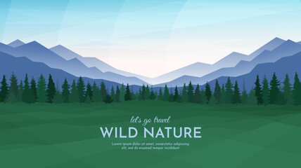 Wall Mural - Beautiful summer landscape. A panoramic view of a green valley, dense coniferous forest and mountain ranges against a clear sky. Vector illustration background.