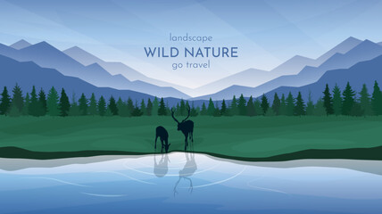 Wall Mural - a beautiful green valley, dense forest and mountains in the distance. two deer on the river bank. wa