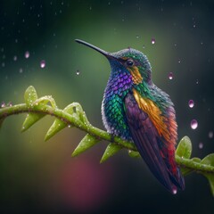 Wall Mural - exotic colibri in the rain, hummingbird on a flower, tropic rainforest with beautiful multicolor bird, generative ai