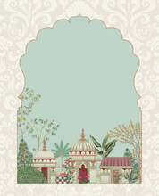 Traditional Islamic Mughal Garden Arch, Palace With Peacock Illustration Frame For Invitation Print