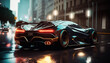 © ARTMAXX - Generative AI illustration of a Luxury Sport Car Racing Through City Streets at night, futuristic car drive fast