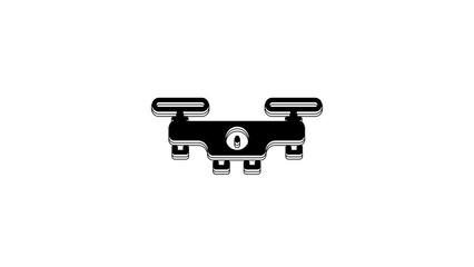 Wall Mural - Black Drone flying icon isolated on white background. Quadrocopter with video and photo camera symbol. 4K Video motion graphic animation