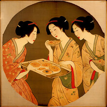 Traditional Japanese Women In Kimono Eating Pizza, Generative AI Illustration