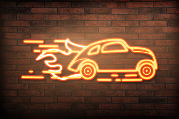 Canvas Print - Glowing neon sign with driving car and flames on brick wall