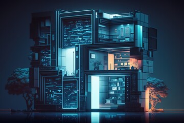 Fototapete - Development architecture computer systems of smart building. Futuristic, modern illustration. Innovative technologies. Generative ai