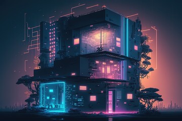 Fototapete - Development architecture computer systems of smart building. Futuristic, modern illustration. Innovative technologies. Generative ai