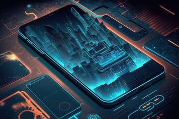 Phone mobile application development concept.Futuristic, modern illustration. Innovative technologies. Generative ai