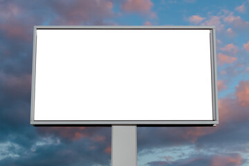 Wall Mural - mock up - blank horizontal white billboard against warm sunset sky with clouds - front view. consume