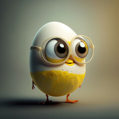 Poster - Cute smart egg with shell 3d character. Cartoon egg with big eyes. 3d render illustration. Generative AI art. The concept of a healthy breakfast for children, omelet and scrambled eggs.