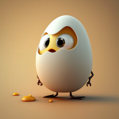 Poster - Cute egg with broken shell 3d character. Cartoon egg with big eyes. 3d render illustration. Generative AI art. The concept of a healthy breakfast for children, omelet and scrambled eggs.