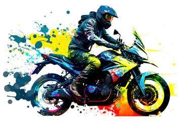 Sticker of Biker on sport motorcycle in watercolor style on white background. Neural network AI generated art