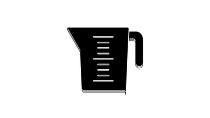 Poster - Black Measuring cup to measure dry and liquid food icon isolated on white background. Plastic graduated beaker with handle. 4K Video motion graphic animation