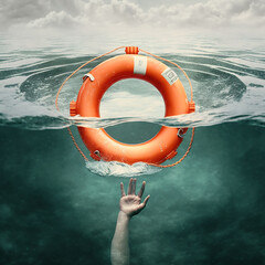 Orange life buoy on surface of sea, human hand from depths of sea reaches for life buoy,  symbol of rescue, help