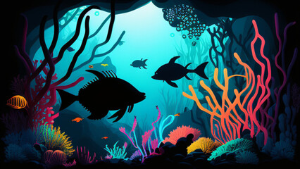 Save our ocean. Fish were swimming underwater with beautiful coral and seaweed background