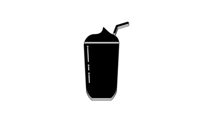 Canvas Print - Black Milkshake icon isolated on white background. Plastic cup with lid and straw. 4K Video motion graphic animation