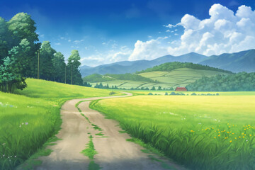 Wall Mural - Beautiful countryside landscape in anime style generative AI