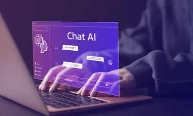 chat bot chat with ai or artificial intelligence technology. woman using a laptop computer chatting 
