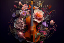 Violin And Flowers Art At The Dark Background.  Generative AI.