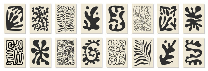 Set of 8 wall art posters, brochure, flyer templates, contemporary collage. Organic one line abstract hand drawn design, wallpaper. Dynamic shapes graphic vintage vector