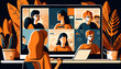 people connecting together, learning or meeting online with teleconference, video conference remote working on laptop, work from home and work from anywhere concept, flat  illustration Generative AI