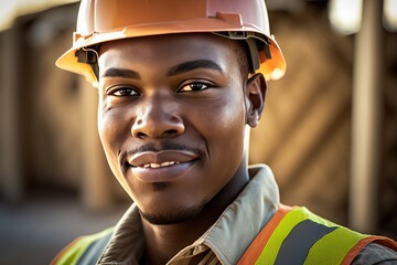 Portrait of happy engineer in a construction site, AI generated