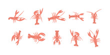 Crayfish Character Sea Animal On Deep Background. Wild Life Illustration. Underwear World. Vector Illustration.