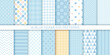 © maradaisy - Scrapbook seamless background. Blue baby shower patterns. Set cute prints with polka dots, stripes, zigzag, plaid. Retro pastel texture. Geometric childish wrapping backdrop. Color vector illustration