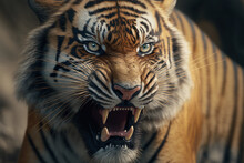 Close-up Of Tiger Angry Face. Snarling Face. Wildlife. Generative AI.