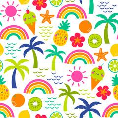 Wall Mural - Cute colorful hand drawn tropical fruit , palm tree and rainbow seamless pattern for summer holidays background.