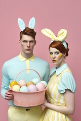 Romantic Easter concept of young couple holding basket of painted, decorated holiday eggs, Easter is symbol of spring joy. Pastel background, portrait of man and girl. Generative AI.