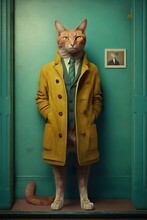 Vintage Rustic Portrait Of A Yellow Large Cat Standing As A Man In Human Clothing. Retro Abstract Concept. Generative AI.