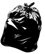 Black garbage bag with trash. Garbage sorting. Drawn black package.