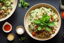 Tabbouleh Salad With Couscous In A Bowl On The Black Table. Levantine Vegetarian Salad With Parsley, Mint, Bulgur, Tomato. Generative AI