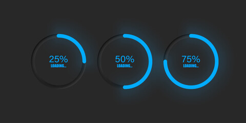 Loading bar circular neumorphic indicator. Blue light downloading process in modern neumorphsim style. Vector illustration