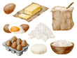 © Olya Haifisch - Watercolor baking ingredients set. Hand drawn flour sack and bowl, dough, eggs and butter isolated on white background. Cooking pastry elements. Kitchen clipart for bakery logo, blog, recipe book