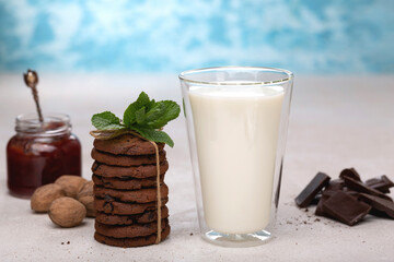 Wall Mural - Healthy breakfast with milk and oatmeal cookies. Proper nutrition, diet.