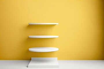 Sticker - Displaying things on a white shelf mockup. Angled shelves. Yellow wall with empty pedestal. Generative AI