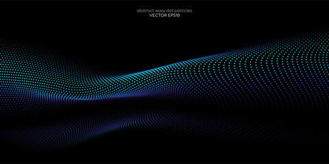 Leinwandbilder - Flowing dot particles wave pattern 3D curve blue and green gradient light isolated on black background. Vector in concept of AI technology, science, music.