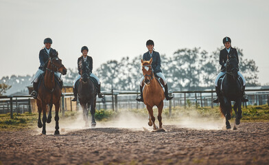 Wall Mural - Equestrian, horse riding group and sports, women outdoor in countryside with rider or jockey, recreation and action. Animal, sport and fitness with athlete, competition with healthy lifestyle