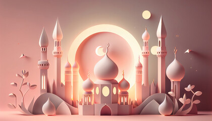 Realistic eid mubarak background with candle and moon. Generative AI.