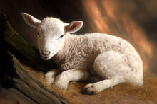 Sheep Lamb Baby Portrait, Close Up. Small Farm Animal Resting. Generative AI