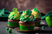 Delicious Decorated Cupcakes On Light Table. St. Patrick's Day Celebration, Realistic. Generative Ai