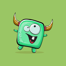 Vector Cartoon Funny Green Monster With Horn Isolated On Green Background. Smiling Silly Green Monster Print Sticker Design Template. Ghost, Troll, Gremlin, Goblin, Devil And Monster Clip Art