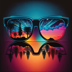 Retro glasses reflection on landscape trees, clouds, mountains in a glowing light